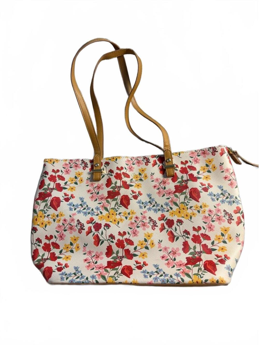 Nanette Lepore Floral Tote Bag with Tan Handles - Zip Top, P